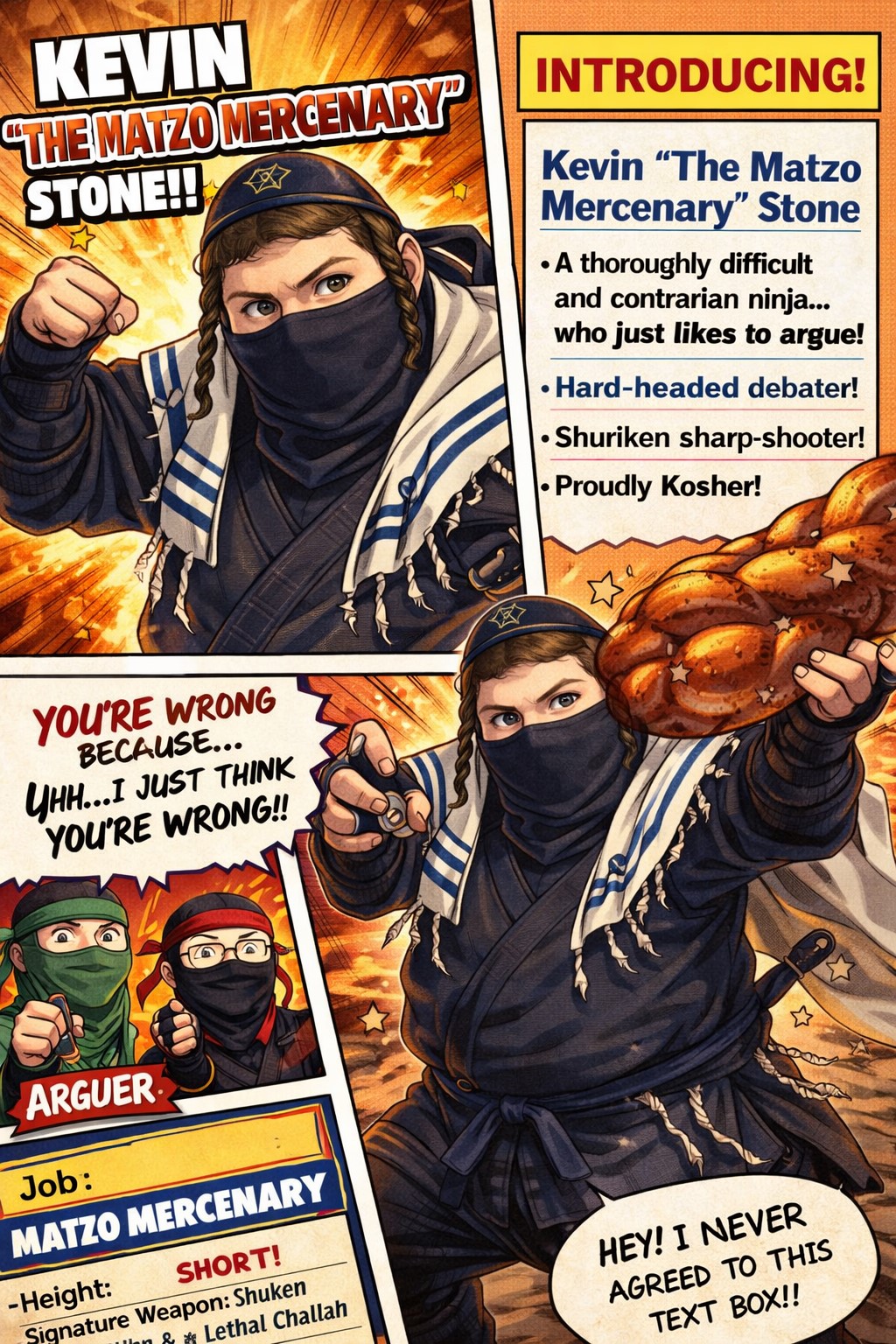 The Matzo Mercenary, intense and ready for debate or battle