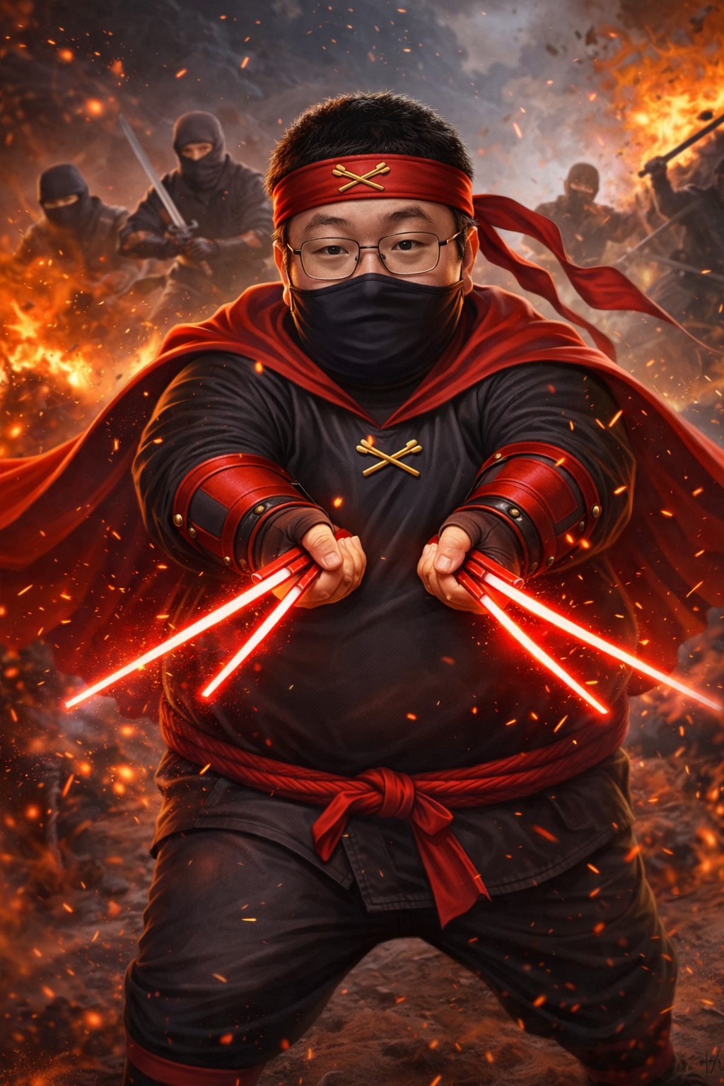 Epic shot of Dr. Chopsticks on the battlefield with glowing chopsticks
