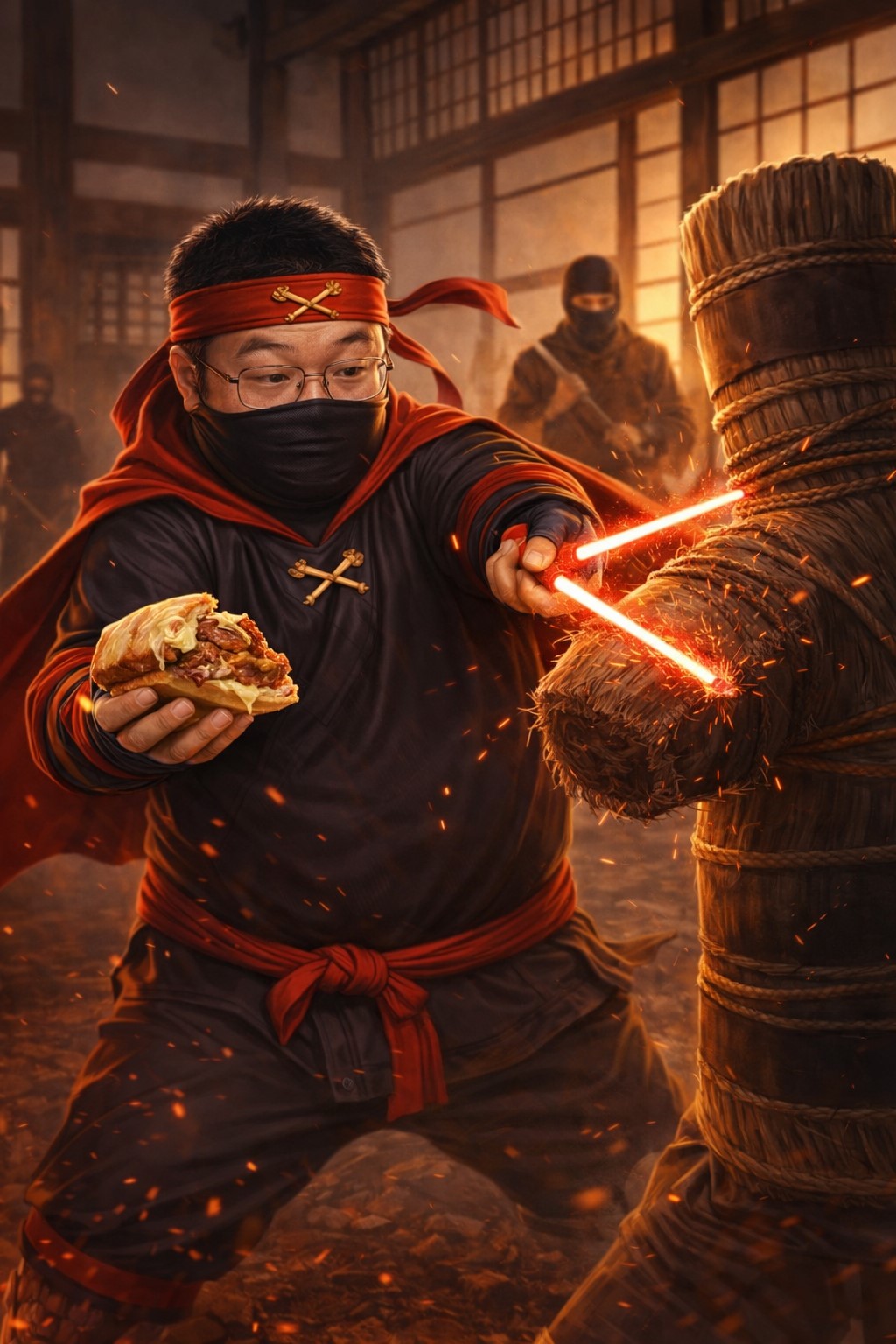 Dr. Chopsticks training against a dummy with his energy chopsticks