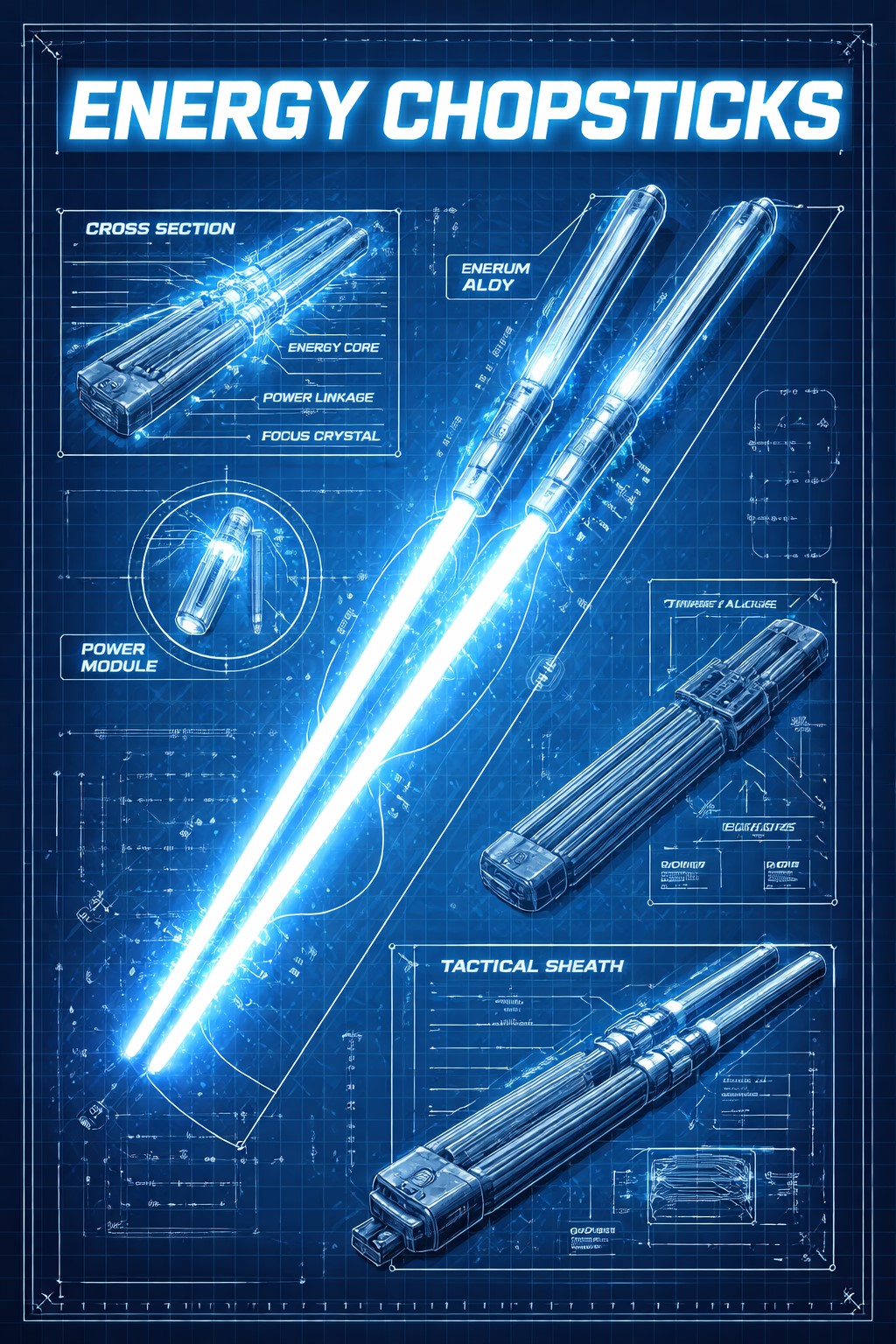 Blueprint and technical drawing of the Energy Chopsticks